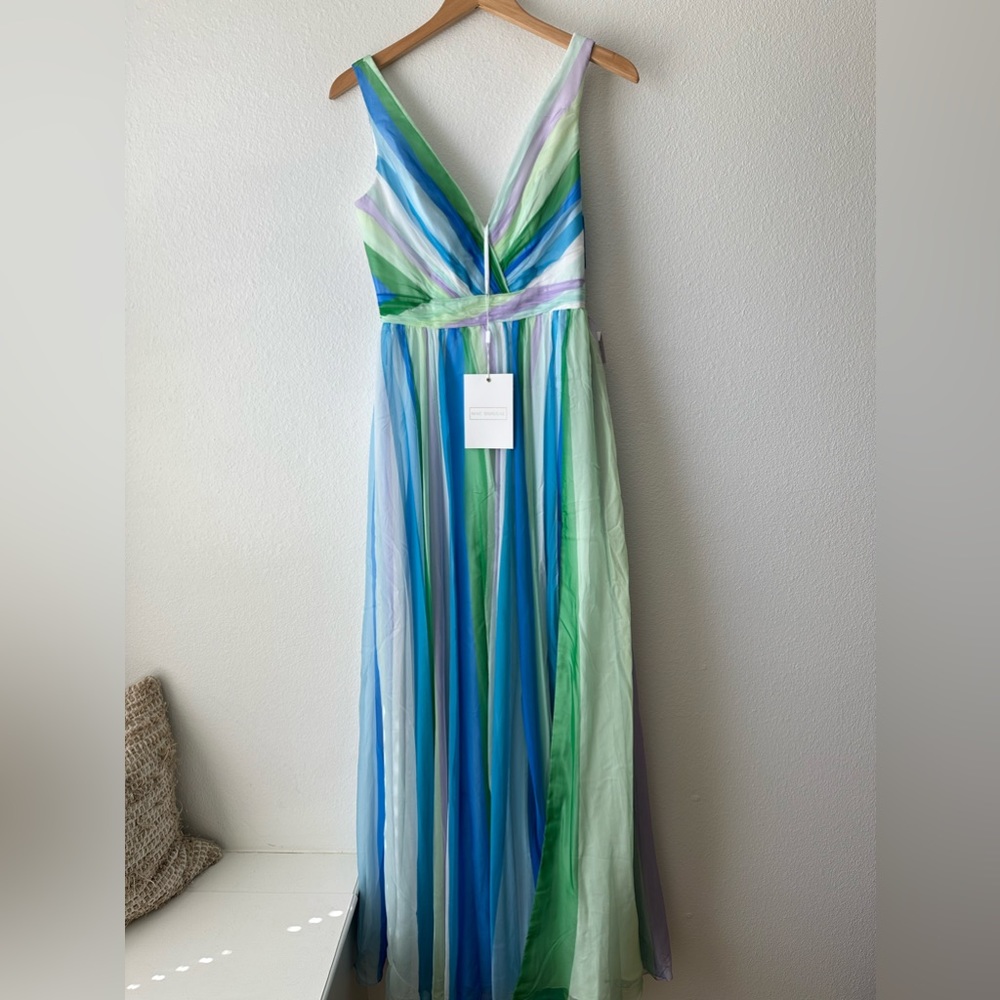 MAC DUGGAL | blue green multicolor stripe plunge maxi gown 4 - Picture 5 of 14